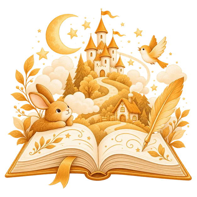 An open storybook with a castle on a hill, a crescent moon and stars rising from it, a rabbit resting on one page and a bird overhead