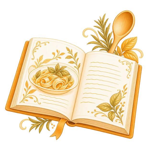 An open recipe book with a bowl of pasta on one page, blank ruled lines on the other, and a wooden spoon and herbs behind it