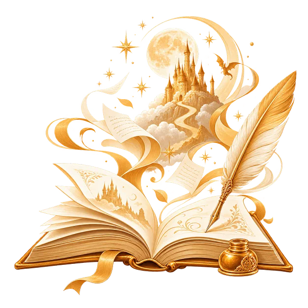 An open book with loose written pages, a castle on a cloud and a full moon rising from it, beside a quill and an inkwell