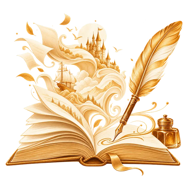 An open book with a sailing ship, mountains and a castle rising from its pages among loose sheets, beside a quill and an inkwell